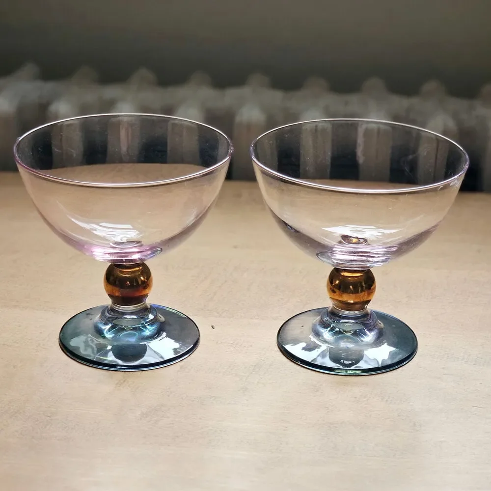Vintage MCM Blush & Smoke Art Deco Glass Cocktail Coupes – Set of 2